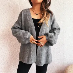 Casual V-neck Autumn And Winter Loose Street Style Cardigan Sweater - Gray - View 1