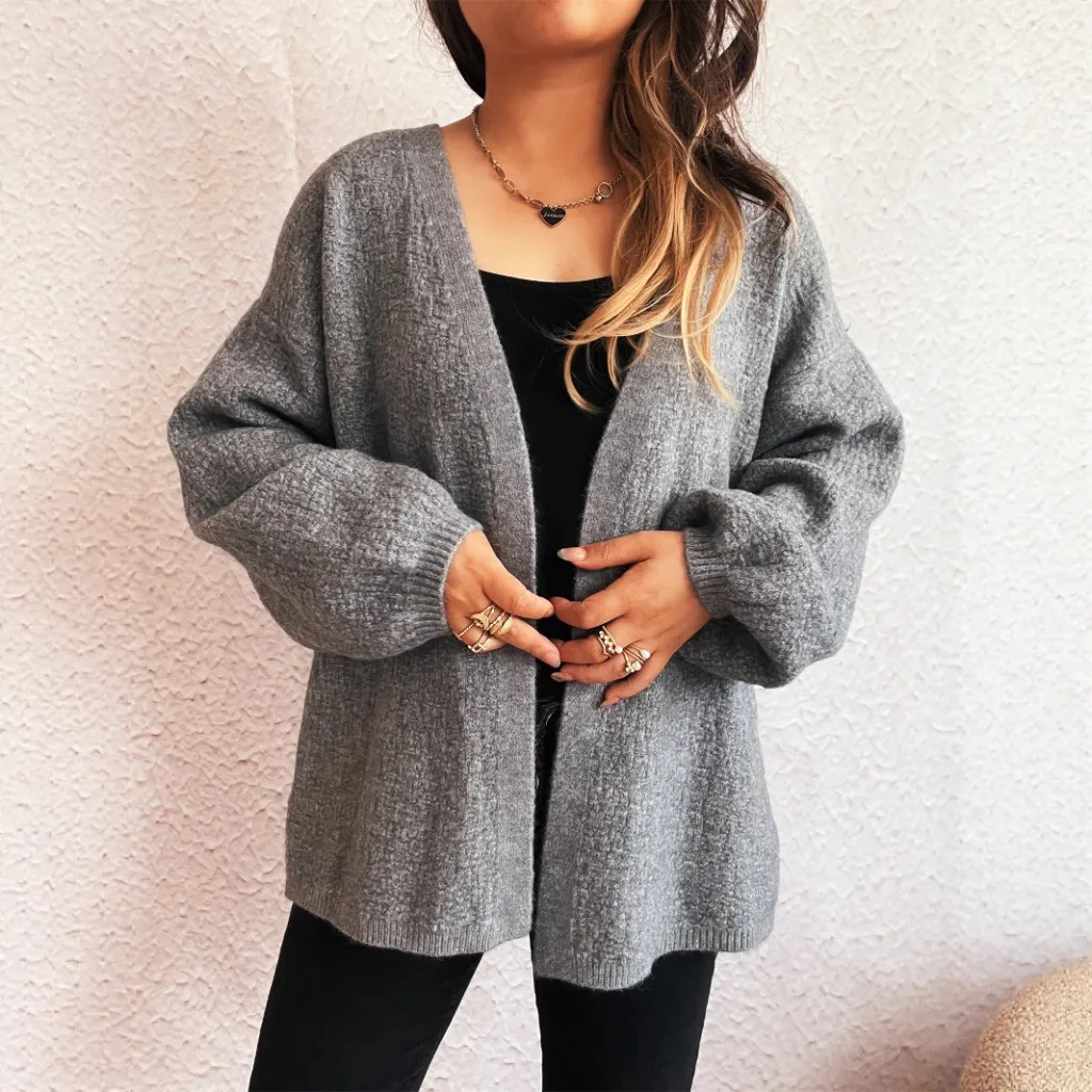 Casual V-neck Autumn And Winter Loose Street Style Cardigan Sweater - Gray