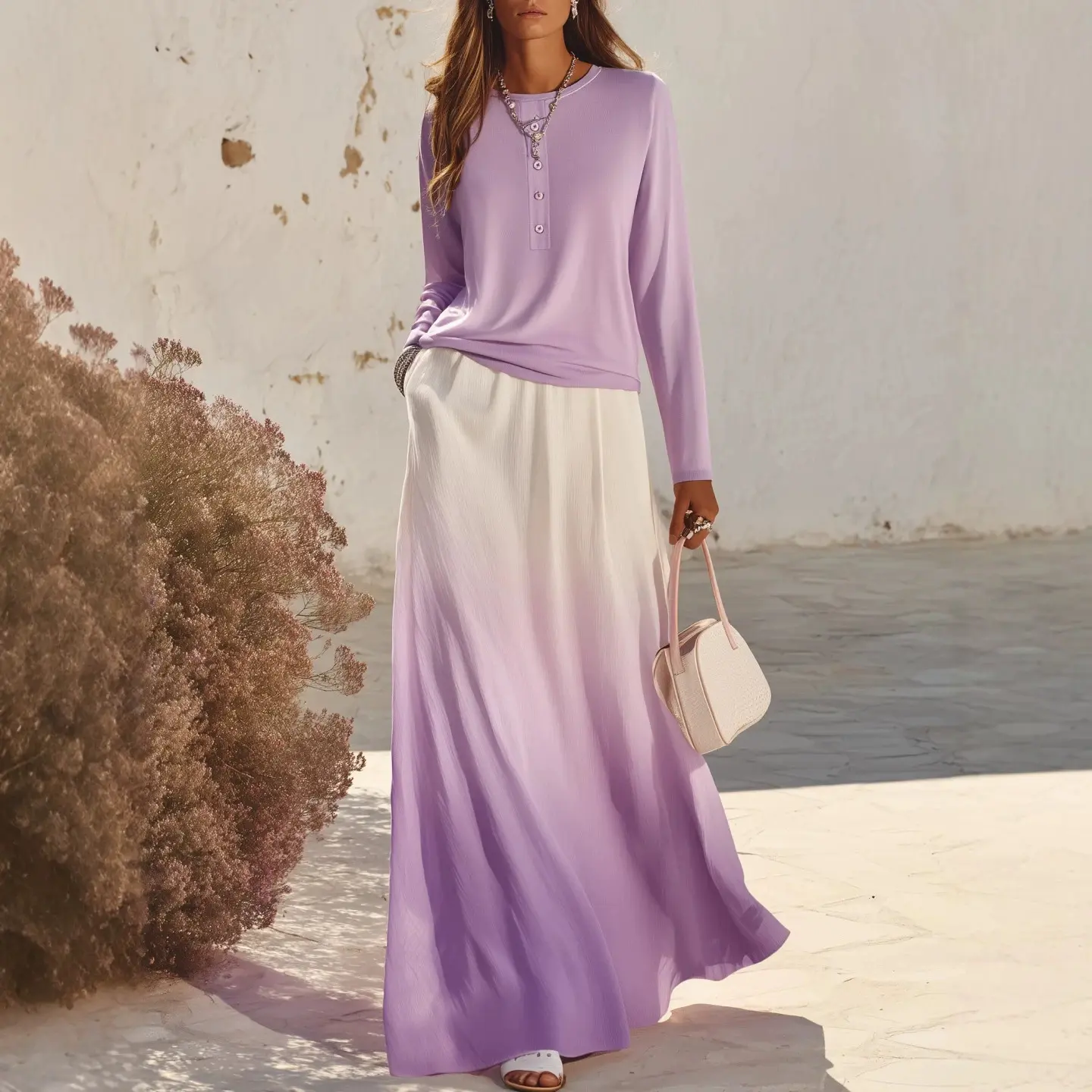 Round-neck Button-up Top And Gradient High-waisted Long