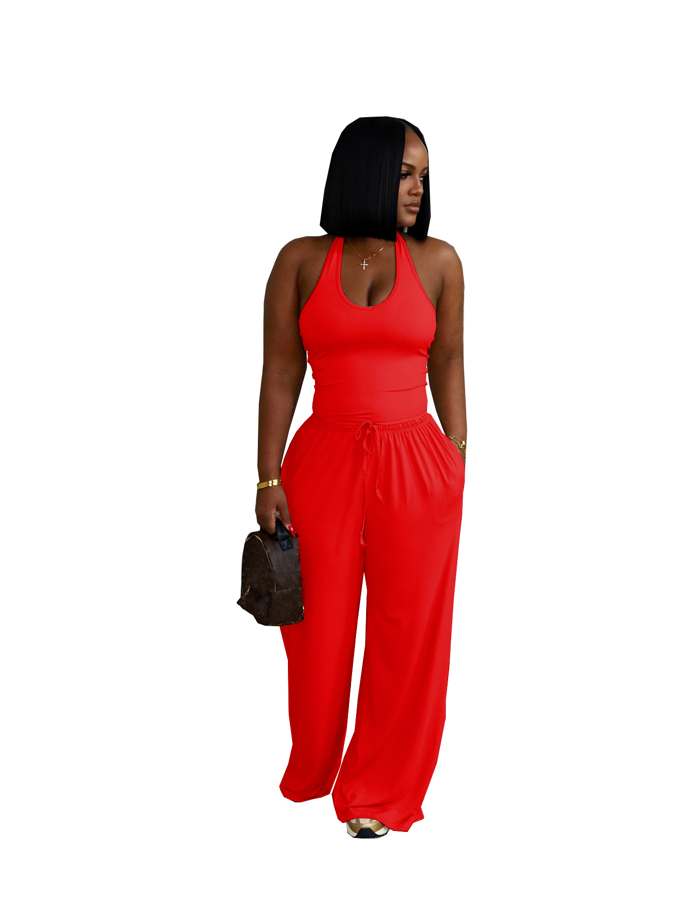 European And American Style Summer Solid Color Casual Halter Top And High-Waist... 8