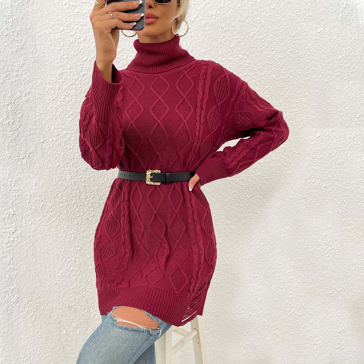 Womens Sweater Chunky-Knit Diamond-Pattern Sweater Dress