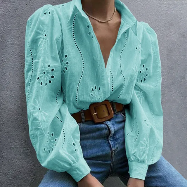 Casual Loose Fashion Hollowed out Puff Sleeve Cardigan Top Women's Clothing Light Blue - Shop at LoveMi