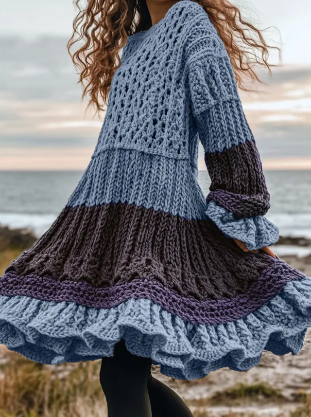 High neck Dress Sweater With A Retro Cable knit Design And Long Sleeves Blue - Shop at LoveMi