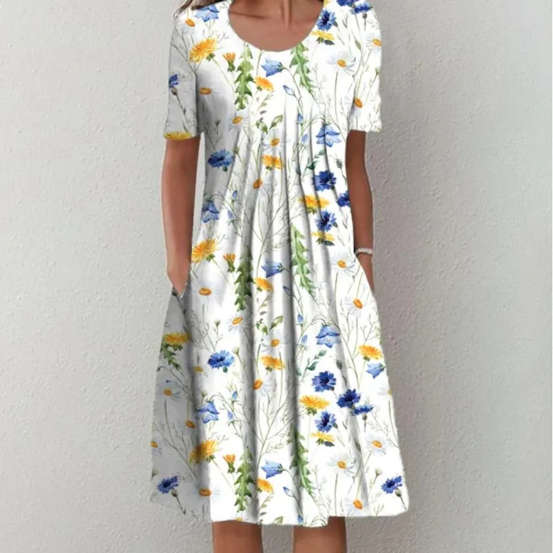 Spring And Summer Women's Elegant Large Swing Round Neck Printed Short Sleeve Dress - No 4 Color-L