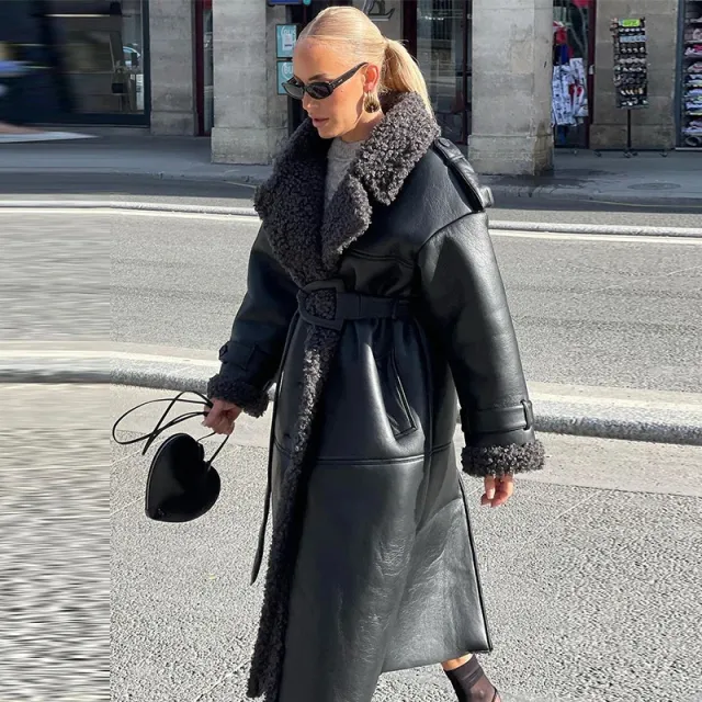 Women's Coat Lapel Long Sleeve Belt Black - Shop at LoveMi