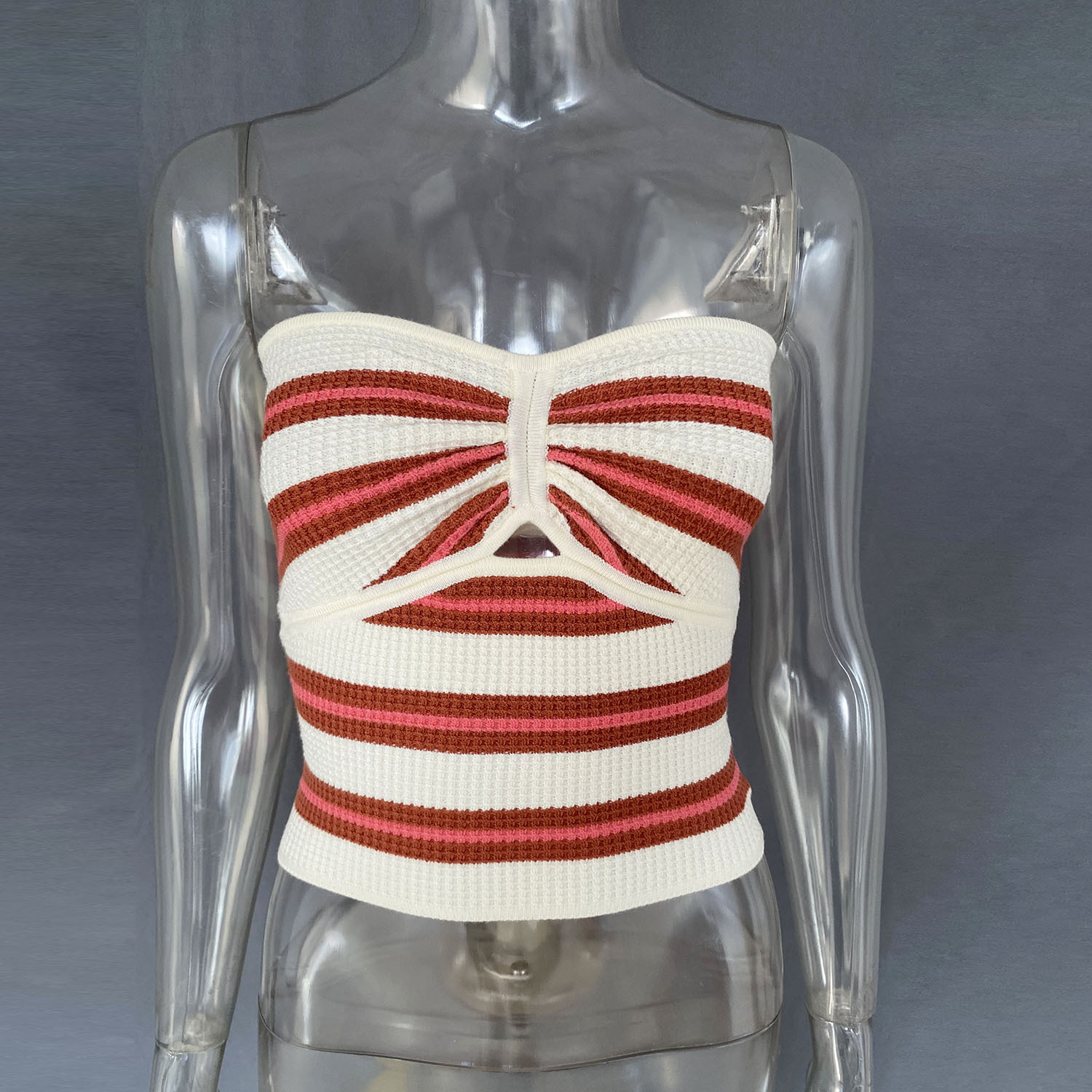 Women's Striped Solid Color Sexy Cutout Tube Top Woolen Vest Red Apricot Stripes - Shop at LoveMi