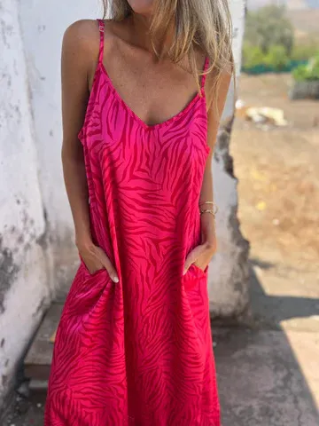 Vacation Style Printed Strappy Maxi Dress For Women - Red