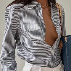 Loose Pockets Striped Contrast Color Cardigan Women's Clothes Top - White - View 1