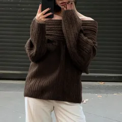 Loose Pullover Trumpet Sleeve Sweater Y2K Fashion One-shoulder Knitted Tops Winter Womens Clothing - Brown - View 1