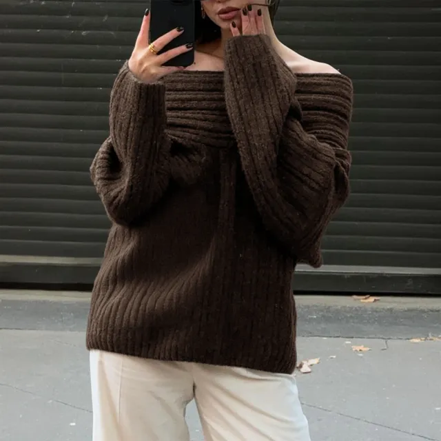 Loose Pullover Trumpet Sleeve Sweater Y2K Fashion One shoulder Knitted Tops Winter Womens Clothing Brown - Shop at LoveMi