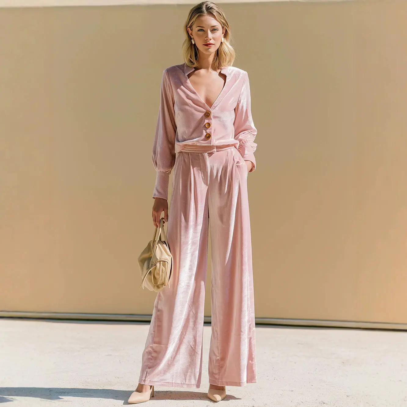 Womens Casual Long-Sleeve Loose-Fit Straight-Leg Pants Set