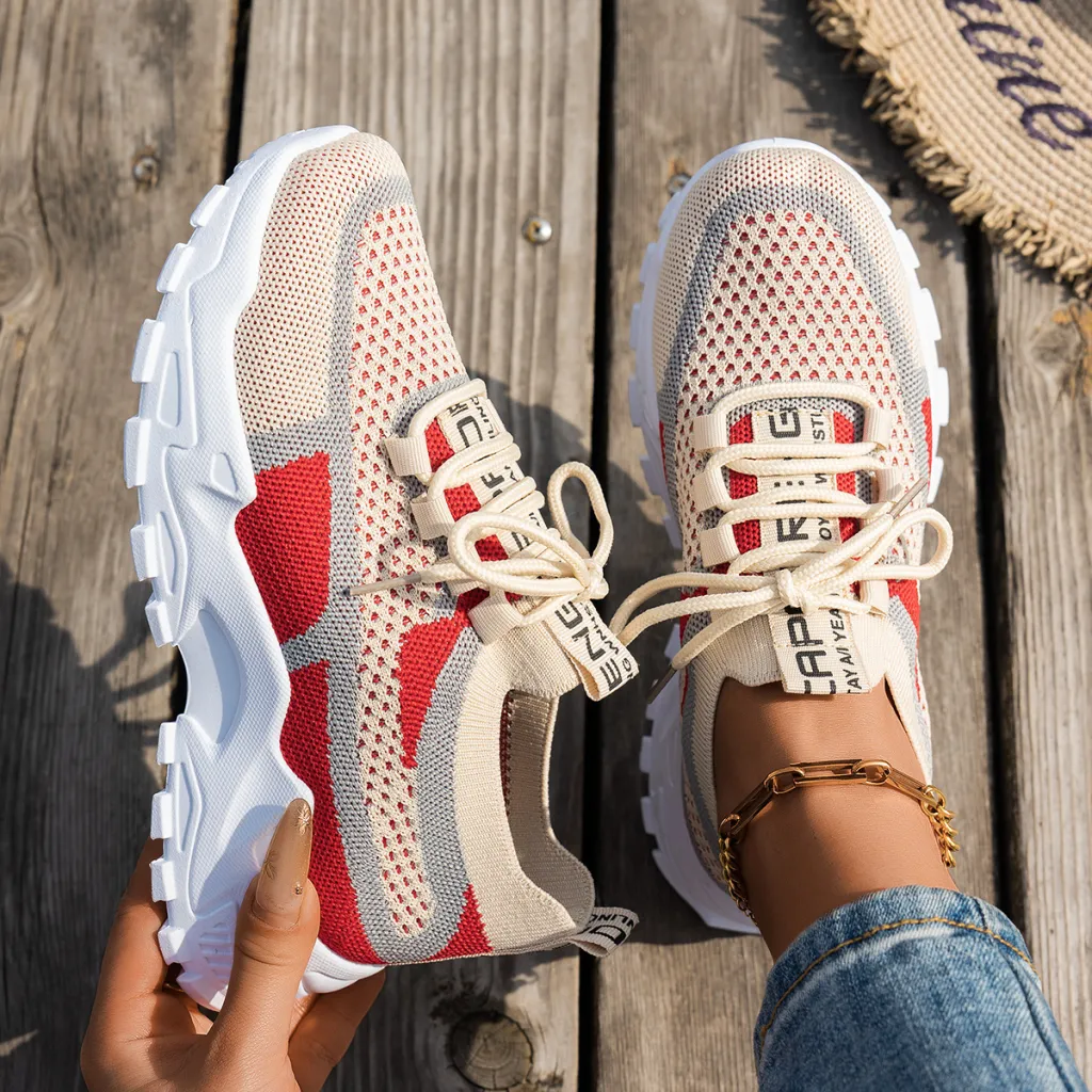 Flyknit Mesh Shoes Women's Breathable Lace-up Sneakers Walking Running Casual Shoes - Red