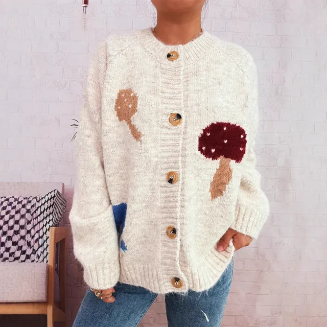 Mushroom Jacquard Contrast Color Knitted Coat Casual Loose Sweater Apricot - Shop at LoveMi