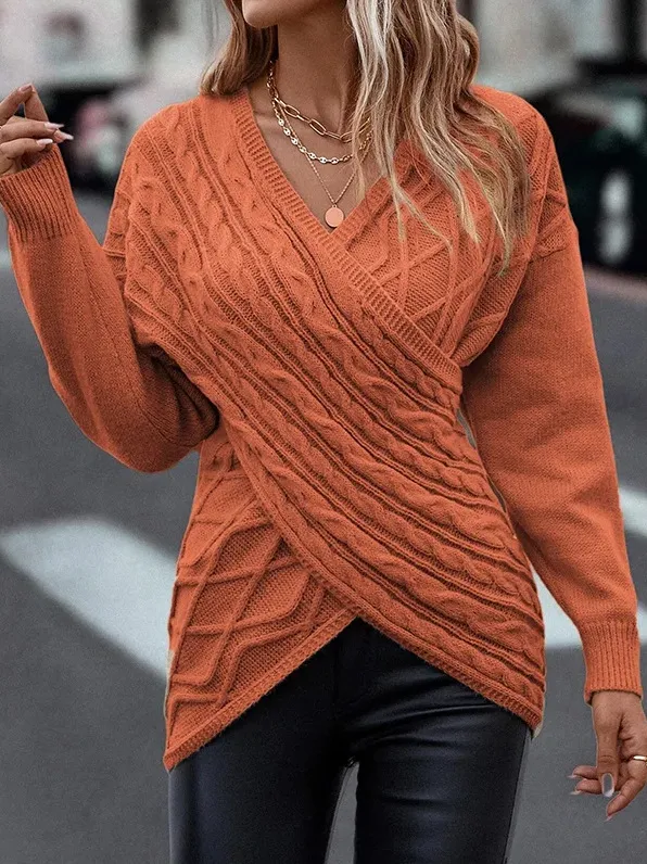 Women's Fashion Casual Solid Color And V neck Cross Brocade Sweater Orange - Shop at LoveMi