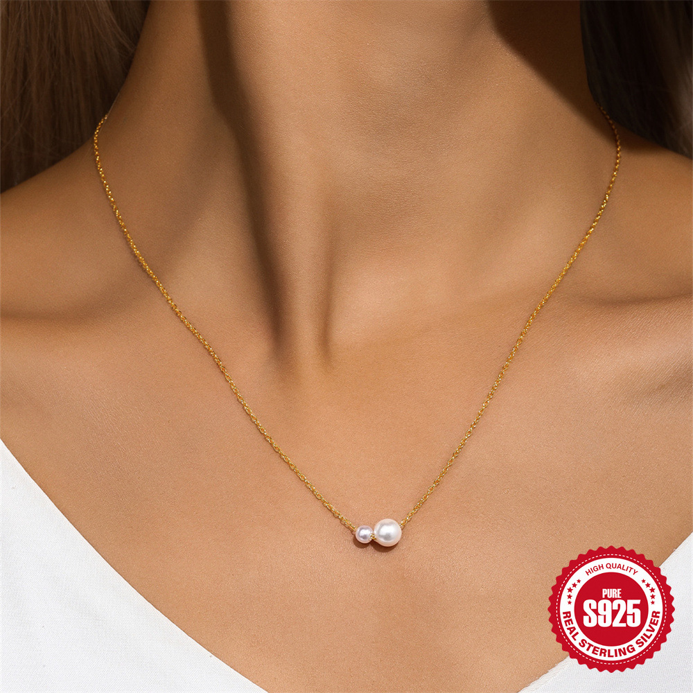 S925 Sterling Silver Necklace With 2 Pearls Adjustable Sliding Design