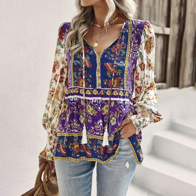 Autumn Bohemian Casual Style Rayon Long sleeved Shirt For Women Purple - Shop at LoveMi