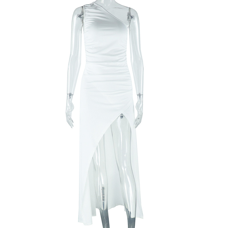 Fashion Solid Color Diagonal Collar Exposed Shoulder Sleeveless Split Dress White - Shop at LoveMi