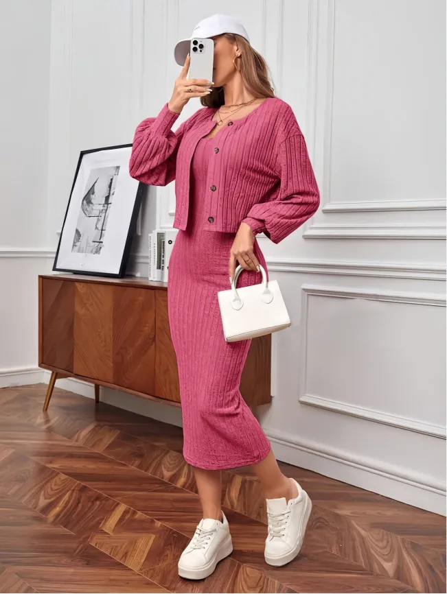 Casual Sunken Stripe Coat Dress Two-piece Set - Rose
