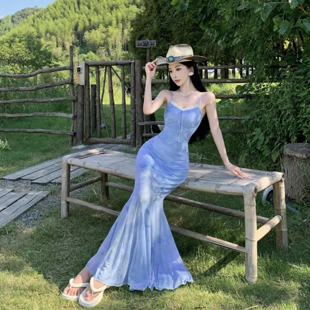 French Style High grade Blooming Mesh Splicing Sling Dress Blue - Shop at LoveMi