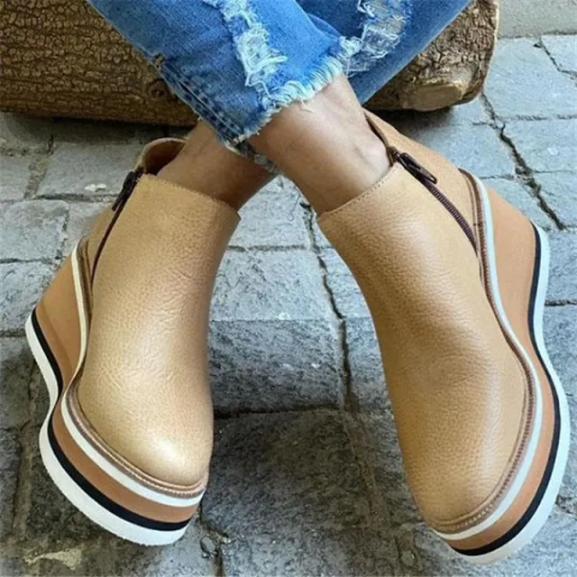 Wedge Thin Short Side Zipper Mid Heel Leather Surface Ankle Boots Gold - Shop at LoveMi