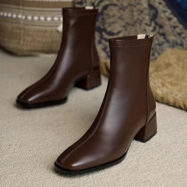 New Chunky Heel Square Toe Ankle Boots Brown - Shop at LoveMi