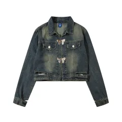 American Retro Distressed Butterfly Metal Buckle Design Short Denim Coat - Distressed Blue - View 1