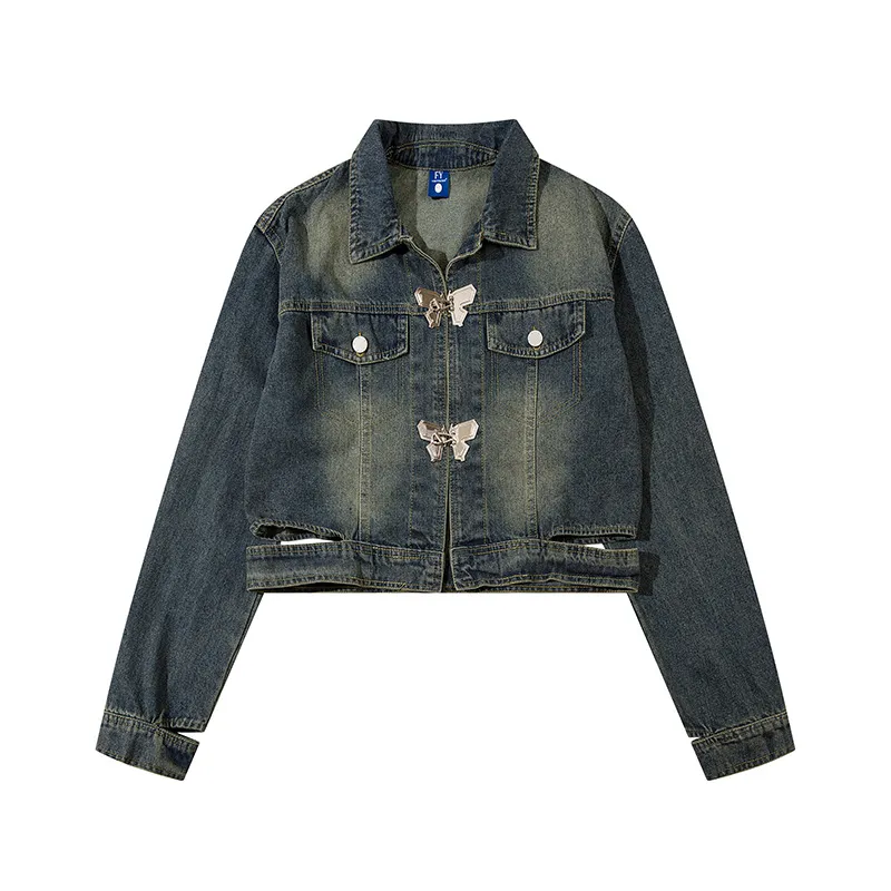 American Retro Distressed Butterfly Metal Buckle Design Short Denim Coat - Distressed Blue