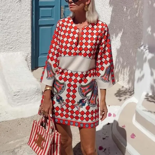 Ethnic Style Positioning Print Three quarter Sleeve Mini Dress - Shop at LoveMi