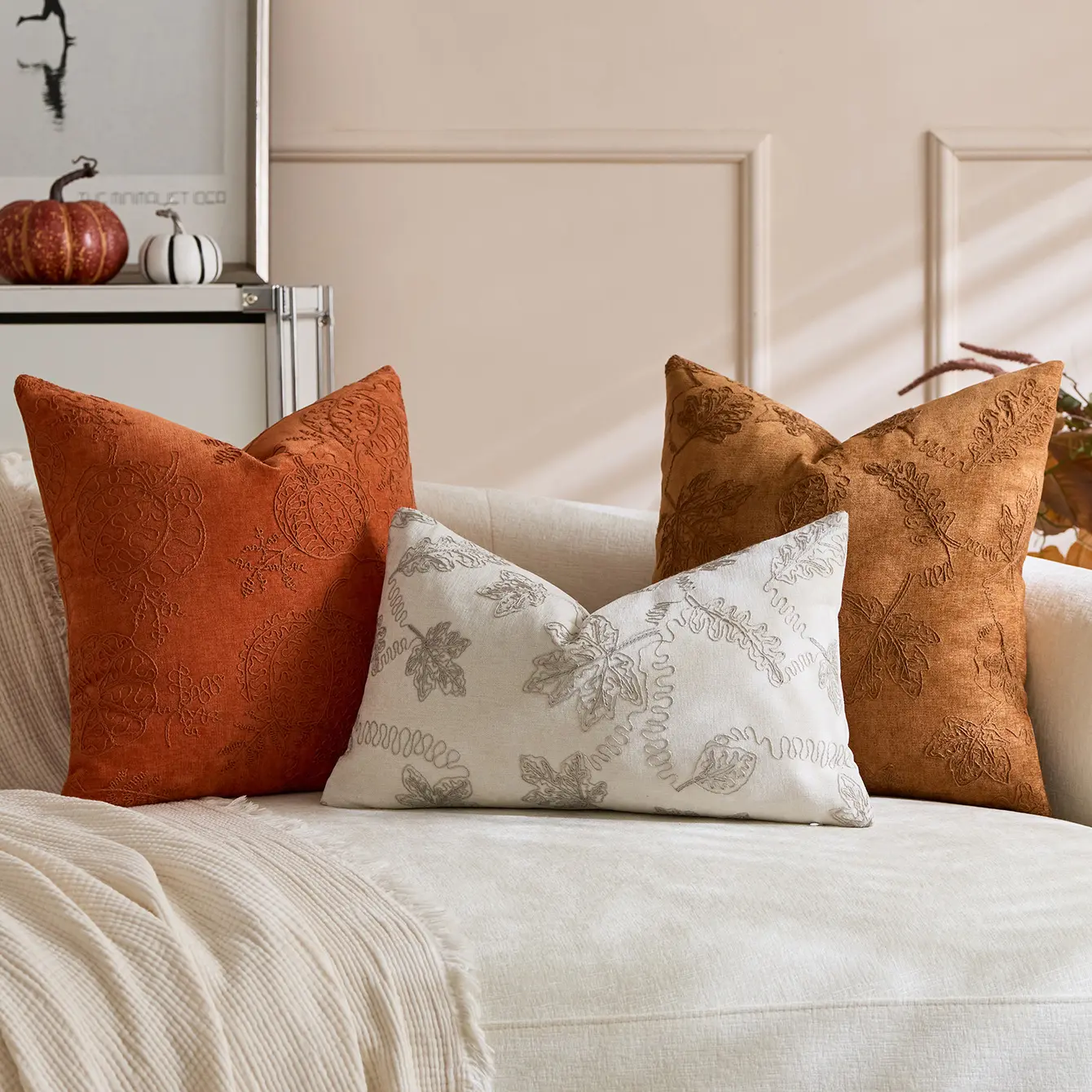 Maple Leaf And Pumpkin Embroidered Pillow Cover