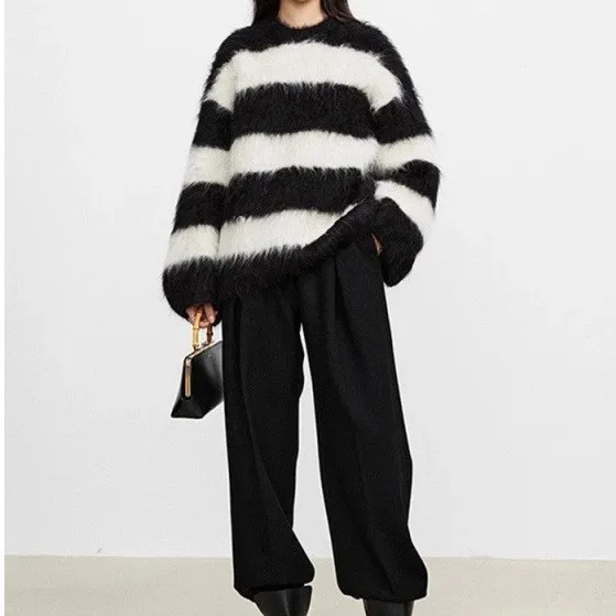 Women's Casual Round Neck Striped Artificial Mink Fur Sweater Stripes - Shop at LoveMi