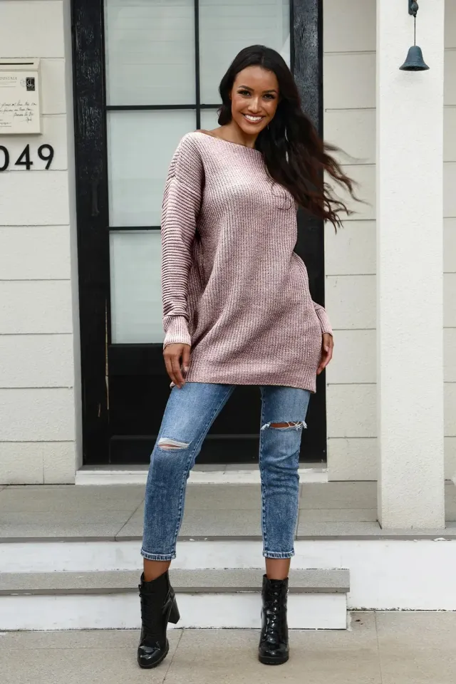 Mid length Off neck Loose Sweater Coat Lotus Root Color - Shop at LoveMi