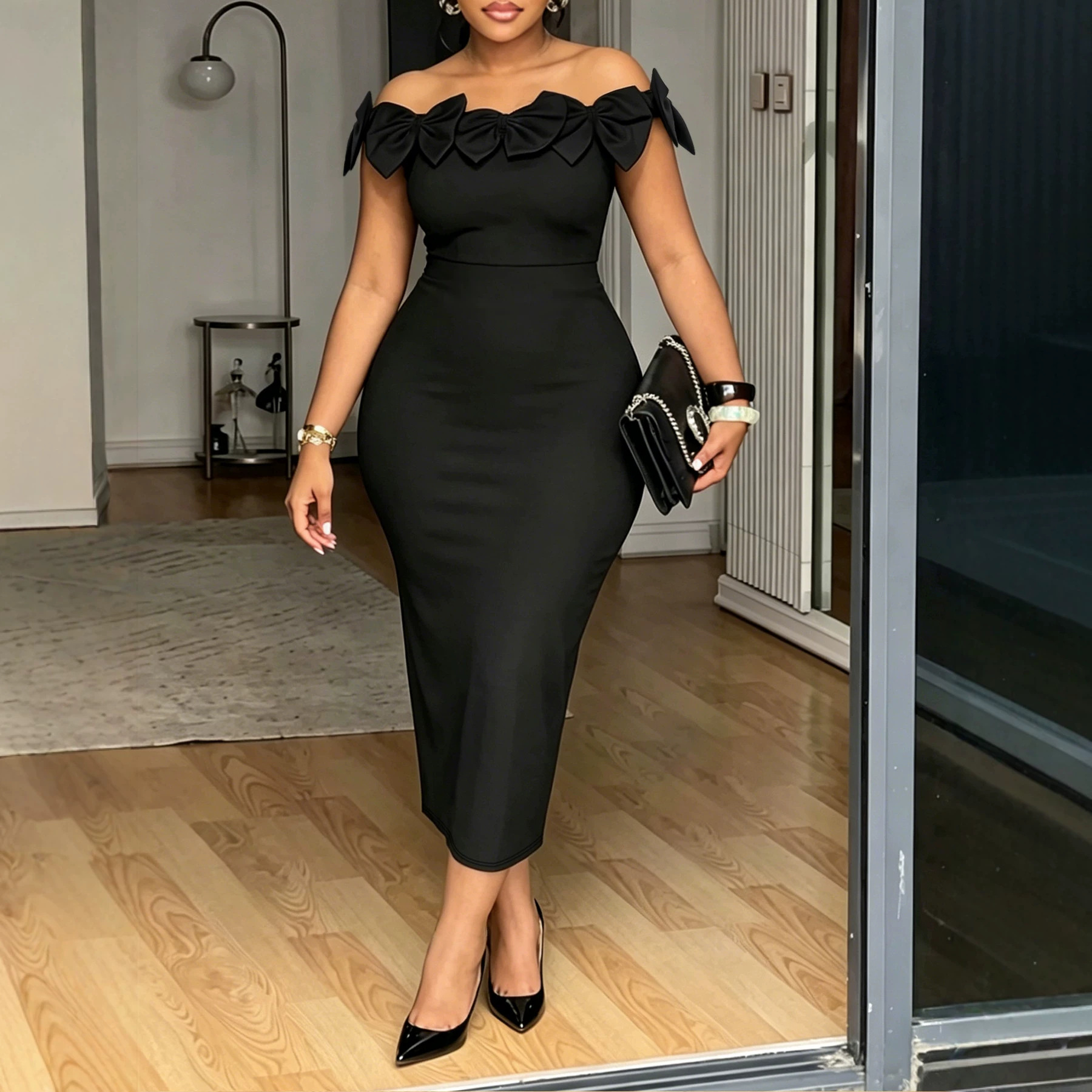 Plus-size Women's Off-shoulder Dress With Bow Detail