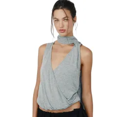 Deep V-neck Side-waist Pleated Slim-fit Tank Top With Ribbons - Tan - View 1