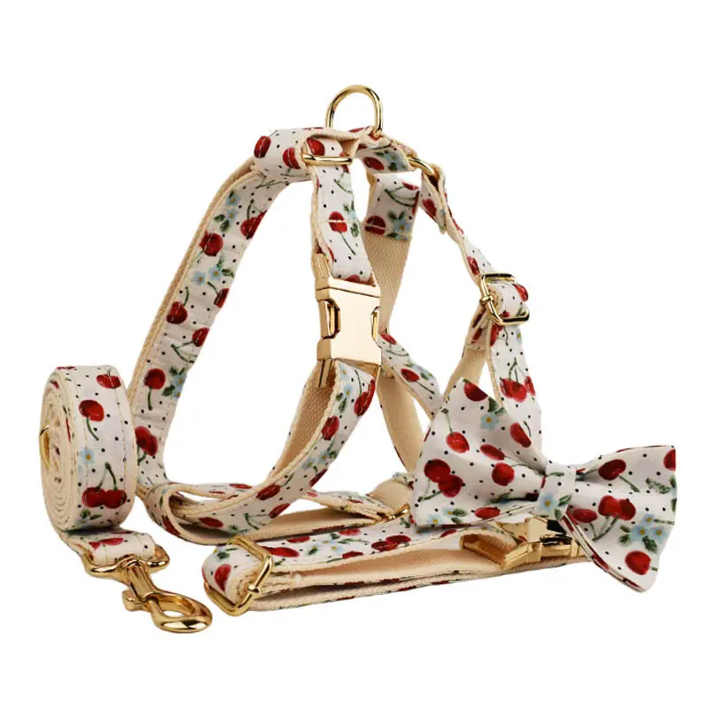 Red Cherry Printed Pet Collar Traction Rope Light Gold
