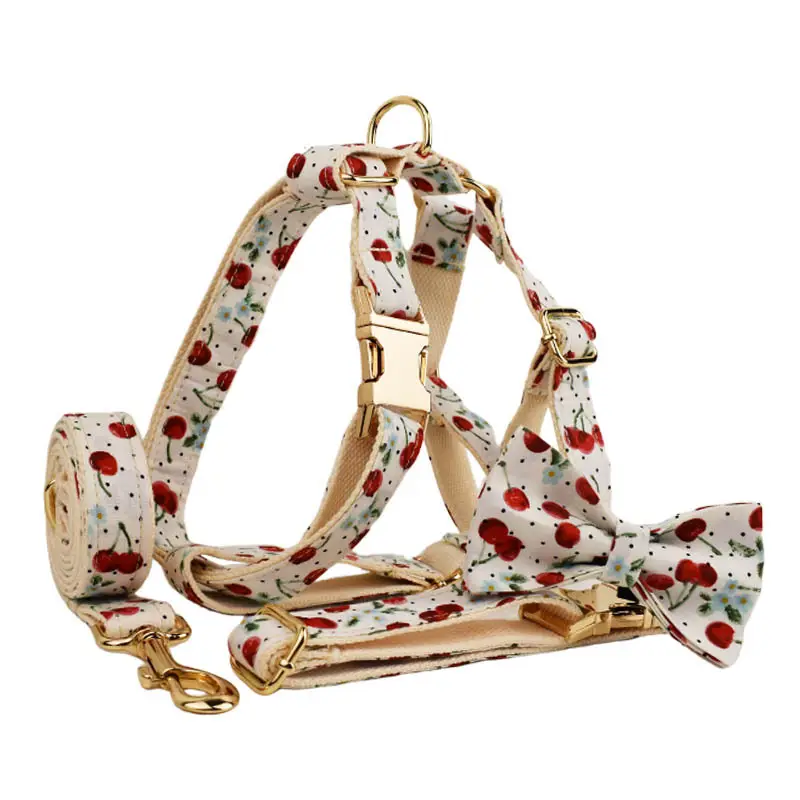 Red Cherry Printed Pet Collar Traction Rope