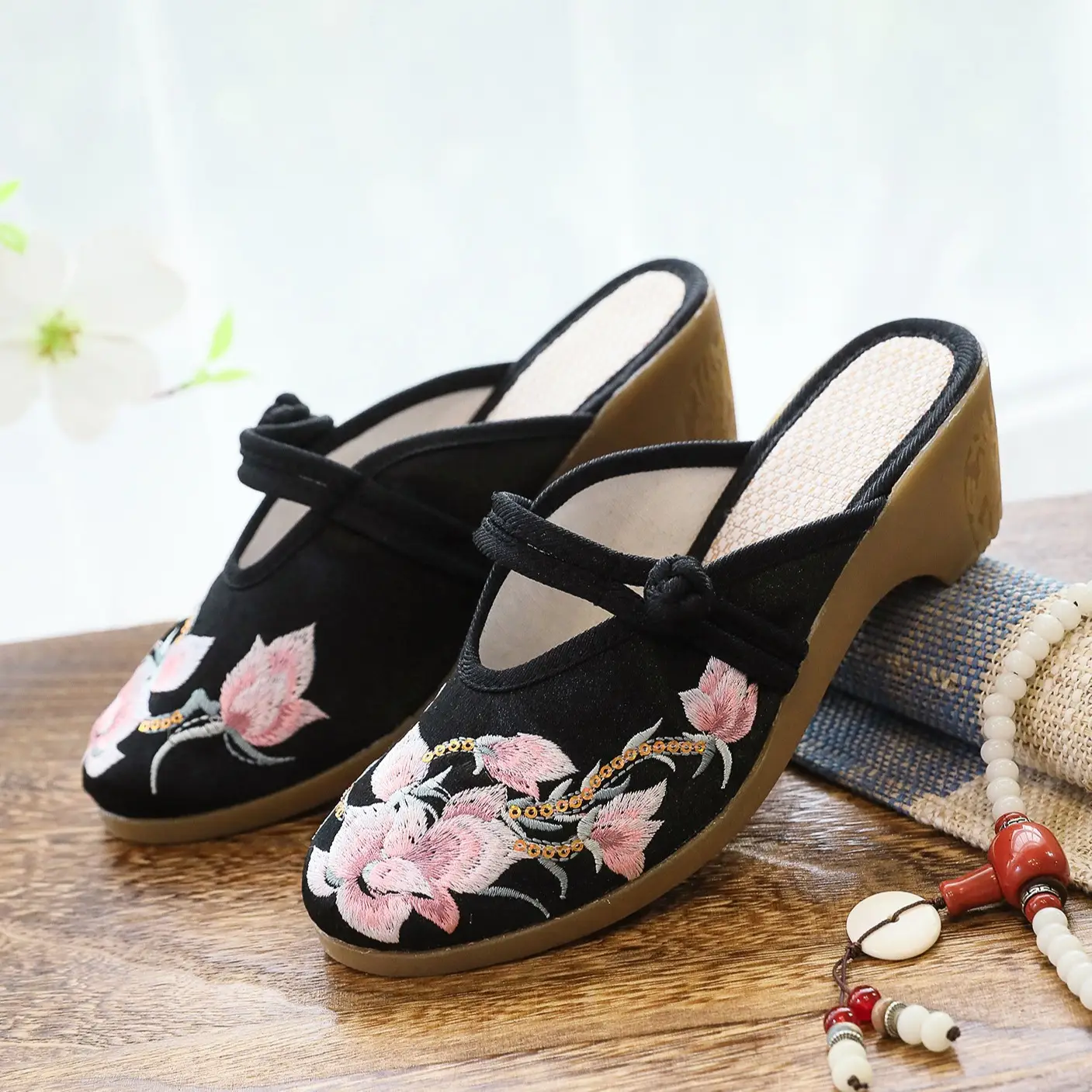High Heel Wedge Embroidered Cloth Slippers For Women