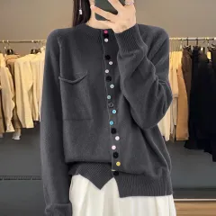 Women's Round Neck Knitted Cardigan With Colour Buckle Inner Wear Blouse - Light Grey - View 1