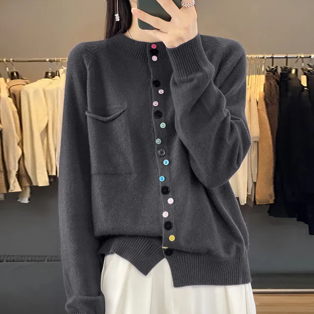 Women's Round Neck Knitted Cardigan With Color Buckle Inner Wear Blouse Light Gray - Shop at LoveMi