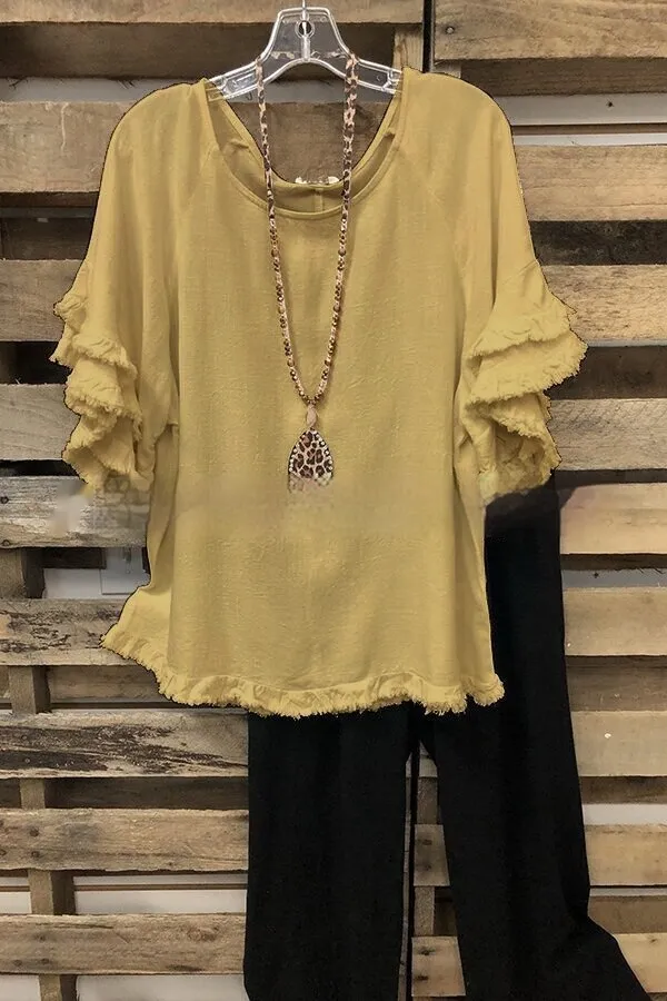 European And American Loose Plus Size Ruffle Sleeve T shirt Top Yellow - Shop at LoveMi