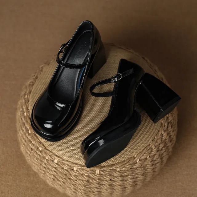 Waterproof Platform Buckle High Heel Women's Chunky Heel Shoes Black - Shop at LoveMi