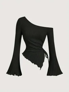Design Sense Off-neck Long Sleeve Slim-fitting Simple Rope T-shirt - Black - View 1