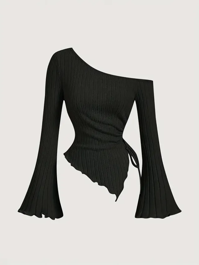 Design Sense Off neck Long Sleeve Slim fitting Simple Rope T shirt Black - Shop at LoveMi