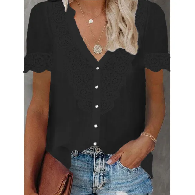 Summer New Women's Lace Stitching Tencel Short Sleeve Shirt Black - Shop at LoveMi