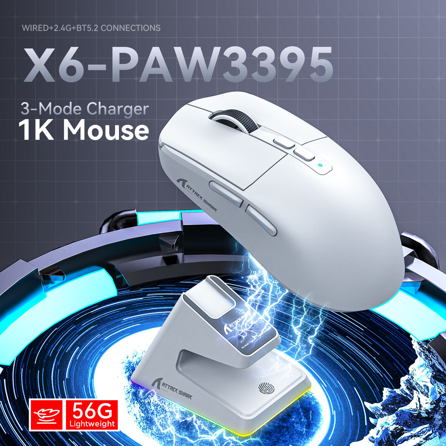 X6 Lightweight PAW3395 E-sports Games Three-mode Wireless Bluetooth Mouse