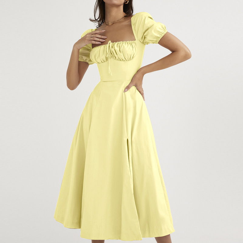 Women's Temperament Commute Puff Sleeve Lace-up Slit Dress