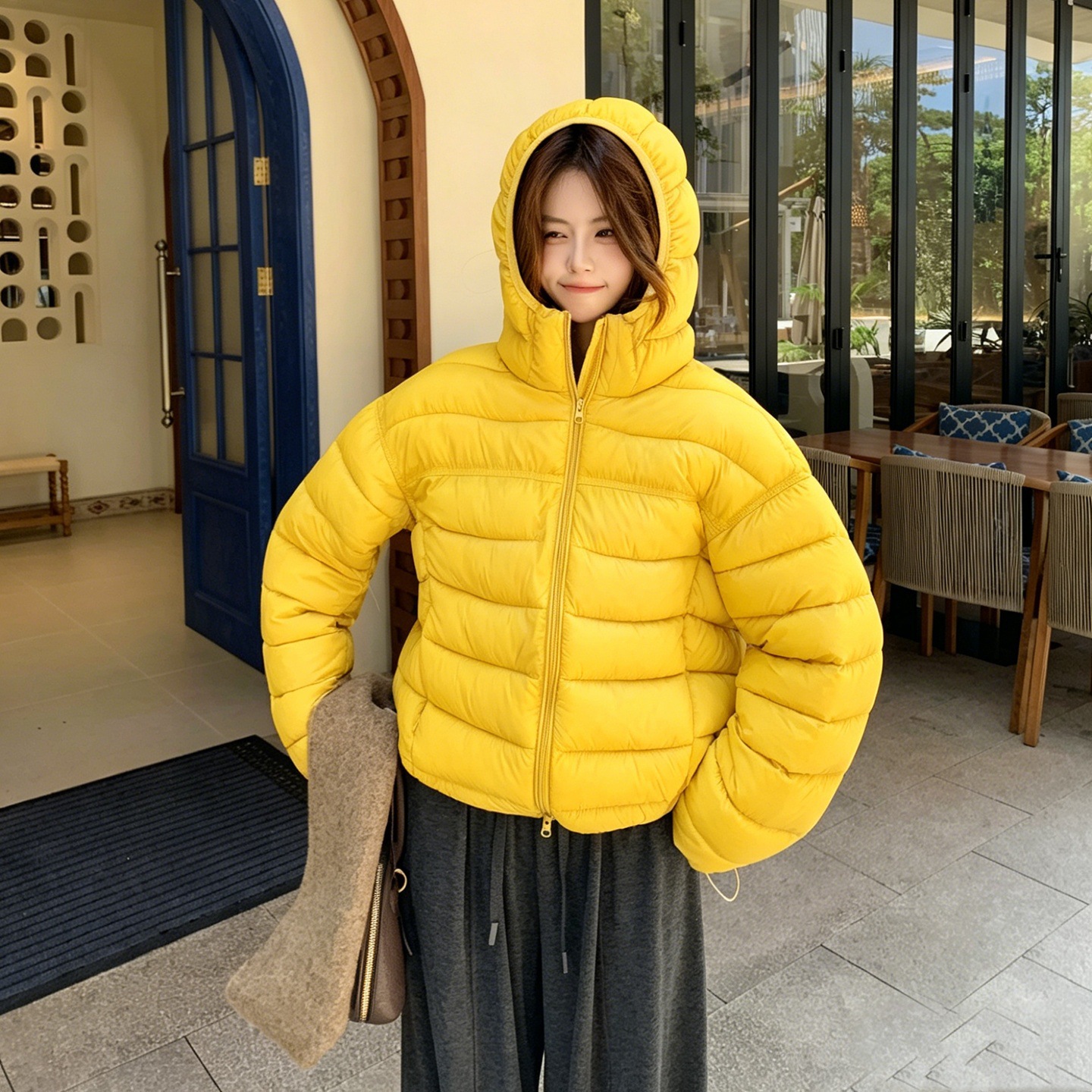 Short Hooded Down Cotton-padded Coat With Ribbed Cuffs