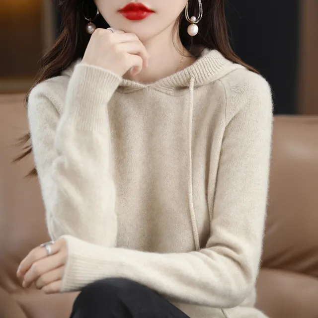 Loose Drawstring Casual Pullover Solid Color Outerwear Hooded Knitted Hoodie Beige - Shop at LoveMi