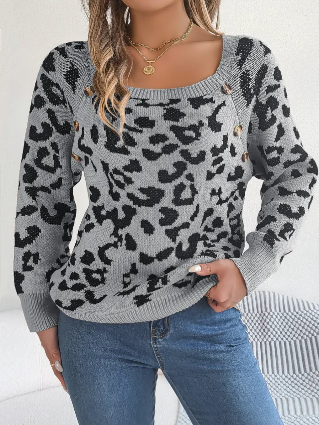 Casual Square Collar Button Contrast Color Leopard Print Long Sleeve Sweater Leopard - Shop at LoveMi