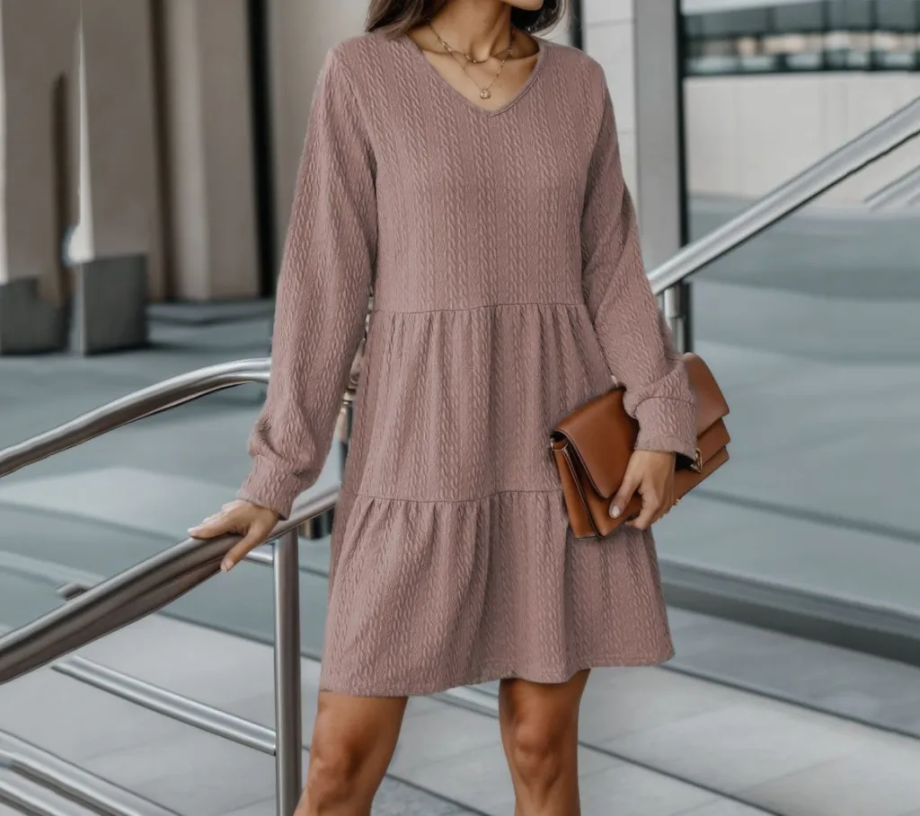Autumn And Winter European And American Fashion V-neck Solid Color Long Sleeve Dress - Rose