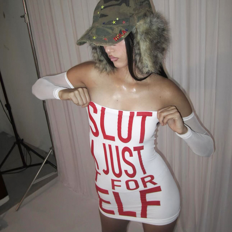 Women's Tube Top Long Sleeve Letter Print Slim Fit Dress